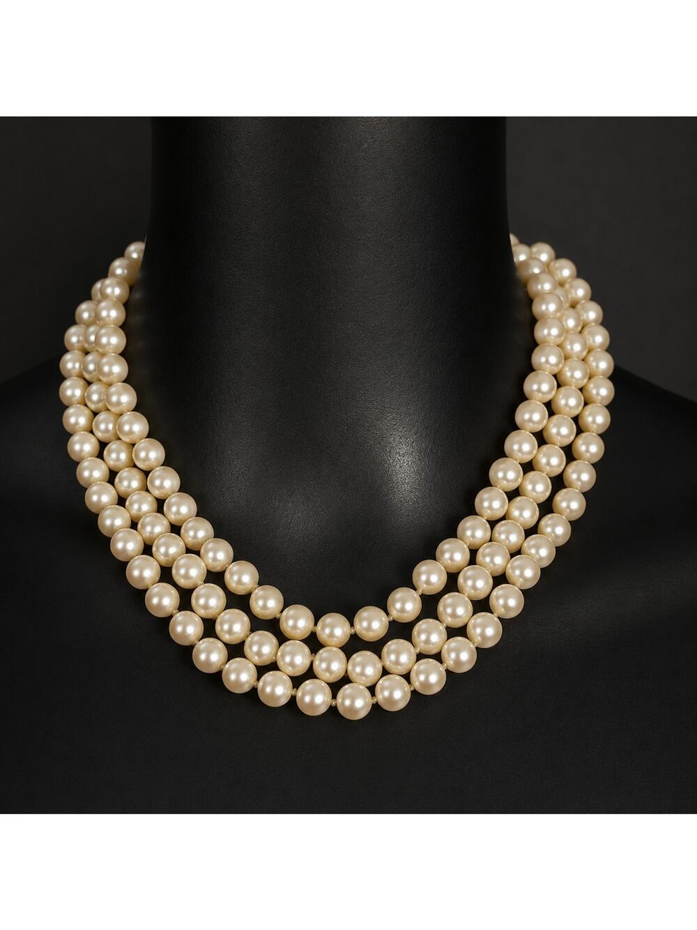 CAROLEE Triple Strand Knotted Faux Pearl Necklace Choker 16" Rhinestone Clasp
